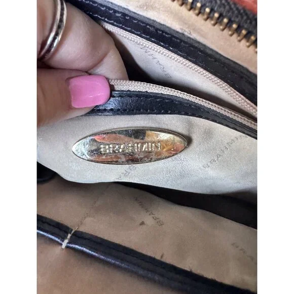 Brahmin Leather Satchel Shoulder Crossbody Bag Black Brown Croc Embossed Zip Top - Picture 6 of 9